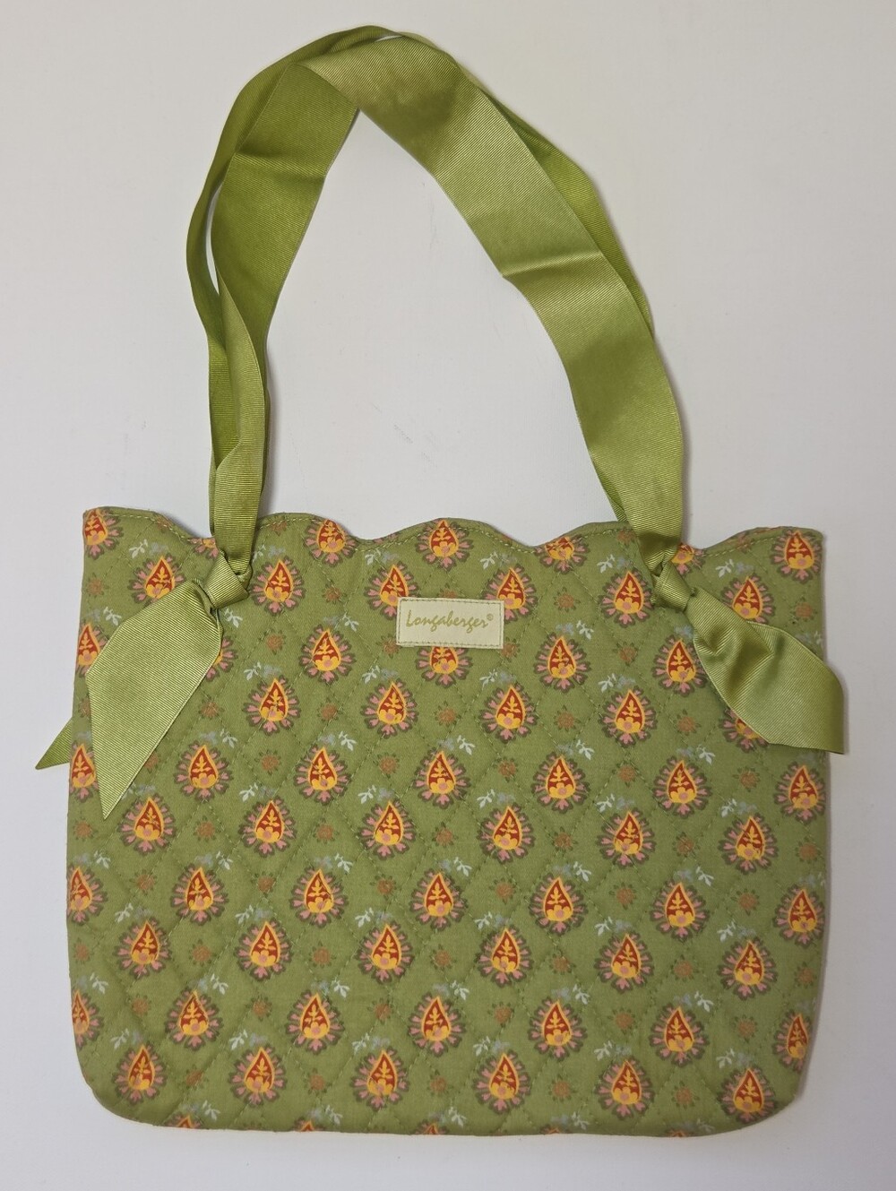Longaberger Homestead Quilted Purse Green Floral Ribbon Shoulder Bag Cottagecore